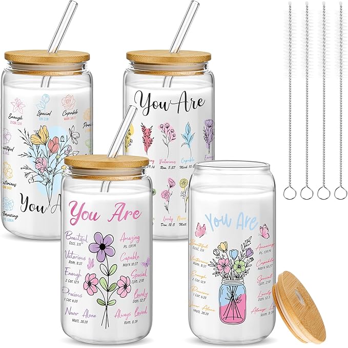 Mumufy 4 Pack Christian Inspiration Flower Glass Cup with Bamboo Lid and Straw Tumbler Iced Coffee Mugs 16 oz Glass, Mothers Day Birthday Women Religious Gift for Mom Sister Bridesmaid Baby Shower