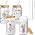 Mumufy 4 Pack Christian Inspiration Flower Glass Cup with Bamboo Lid and Straw Tumbler Iced Coffee Mugs 16 oz Glass, Mothers Day Birthday Women Religious Gift for Mom Sister Bridesmaid Baby Shower