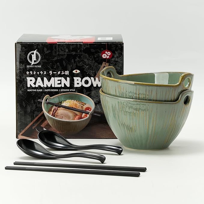 Ramen Bowl with Chopsticks and Spoons Set, 7 Inch Ceramic Noodle Bowl Set of 2, Dishwasher Safe for Pho Udon Soba Noodle Salad Pasta, Special Reactive Glazed Green Bowls Set