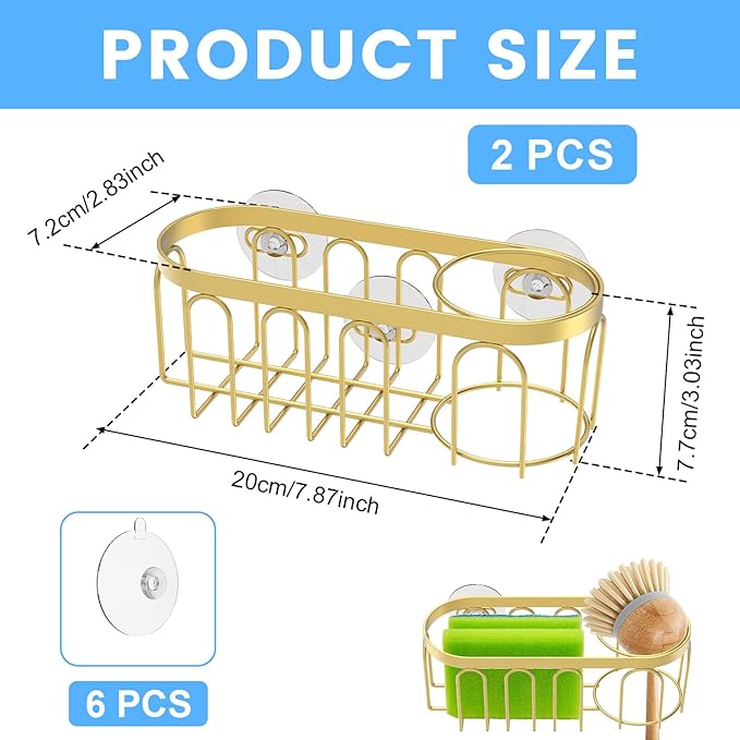 2Pcs Sponge Holder for Kitchen Sink, Gold Suction Cup Caddy, No-Drilling & Easy to Remove, 304 Stainless Steel, Heat-Resistant Sponge and Brush Holder, Bathroom Safe, Fit for Sponge/Soap/Dish Cloth