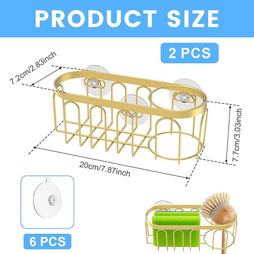 2Pcs Sponge Holder for Kitchen Sink, Gold Suction Cup Caddy, No-Drilling & Easy to Remove, 304 Stainless Steel, Heat-Resistant Sponge and Brush Holder, Bathroom Safe, Fit for Sponge/Soap/Dish Cloth