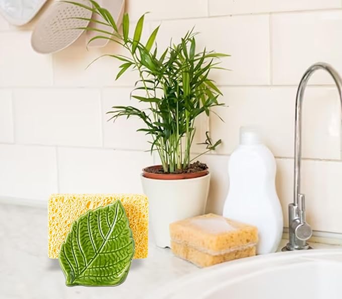 dgudgu Leaf Sponge Holder for Kitchen Sink – Teal Green Ceramic Sponge Caddy, Decorative Leaf Shaped Sink Organizer, Nature Inspired Kitchen Décor, Dishwasher Safe