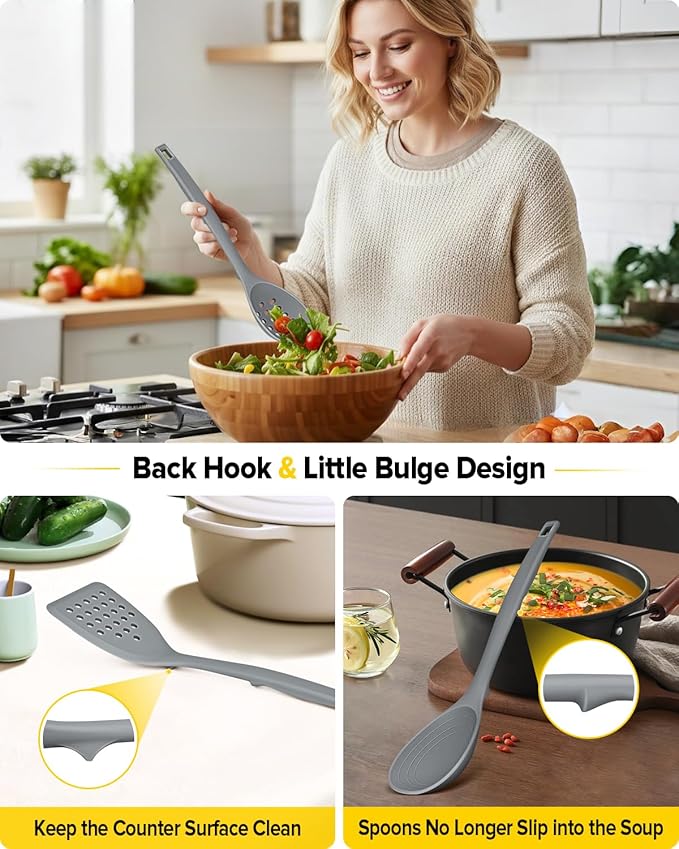 Pack of 4 Silicone Cooking Utensils Set, Non Stick Solid Spatulas and Heat Resistant Slotted Spoons with Back Hooks, Ideal BPA Free Kitchen Utensils Set for Frying,Serving,Turning,Stirring (GRAY)