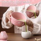 Matcha Whisk Set, Matcha Bowl with Spout, Matcha Whisk and Holder, Bamboo Matcha Scoop and Stainless Sifter，Ceramic Matcha Bowl Set (Pink)
