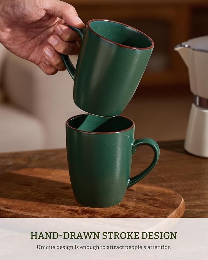 famiware Venus Coffee Mugs for 4, 12 oz Mug Set, Dringking Cup with Handle for Coffee, Tea, Cocoa, Milk, Dark Green