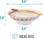 Silver Buffalo Hello Kitty Red Stripes and Bows Ceramic Ramen Noodle Rice Bowl with Chopsticks, Microwave Safe, 30 Ounces