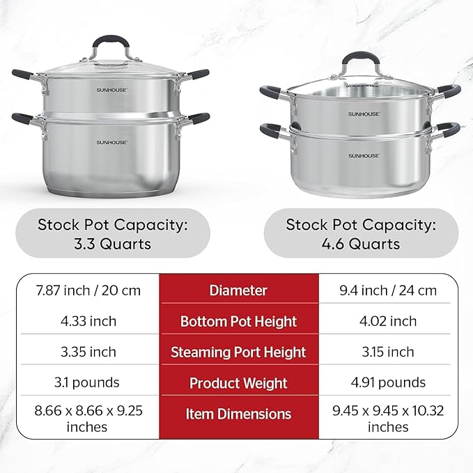 SUNHOUSE - 3.1 Quart Steamer Pots with Lid 2-Tier Multipurpose Stainless Steel Steaming Pot Cookware with Handle for Vegetable, Dumpling, Sauce, Food - Triple Bottom, Measurement Line