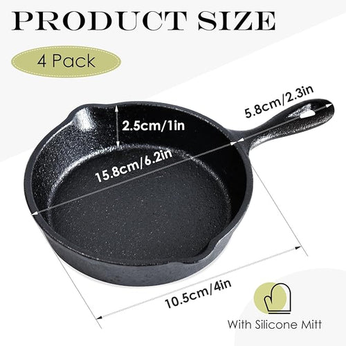 4 Inch Mini Cast Iron Skillet Set with Silicone Mitt, Small Frying Pan with Handle, Pre Seasoned Mini Skillets for Camping, Kitchen Cooking, Indoor and Outdoor (Black)