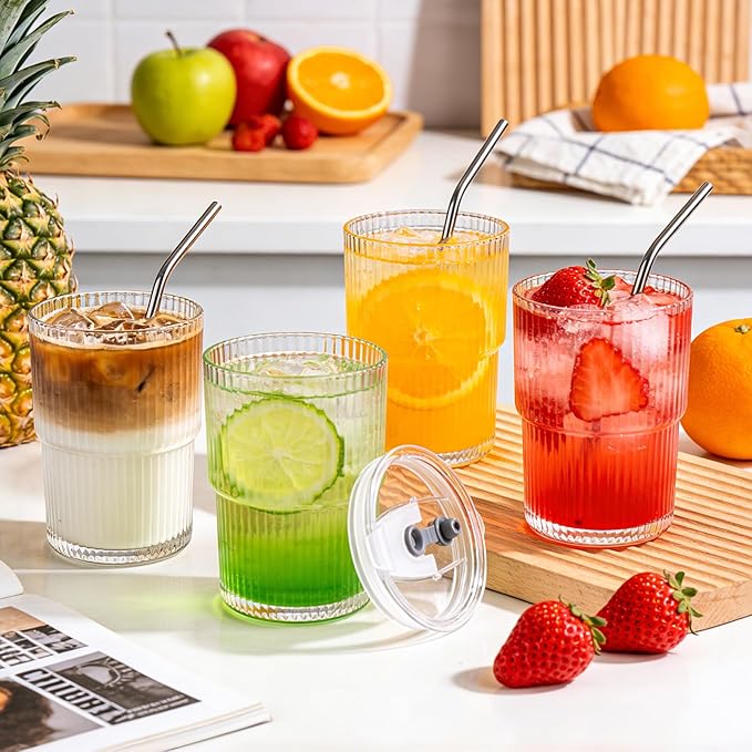 6 Pack 13oz Ribbed Glass Tumbler with Lid and Straw, Iced Coffee Cup Set, Boba Aesthetic Drinking Mug, Coffee Glasses for Matcha Smoothie Juice Tea Latte Cappuccino Cocktail
