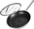 Non Stick Frying Pan 12 Inch with Lid, Hybrid Nonstick Stainless Steel Skillet Pan with Stay-cooling Handle, PFOA Free Non Toxic Dishwash & Oven Safe, Induction Ready, All Cooktops