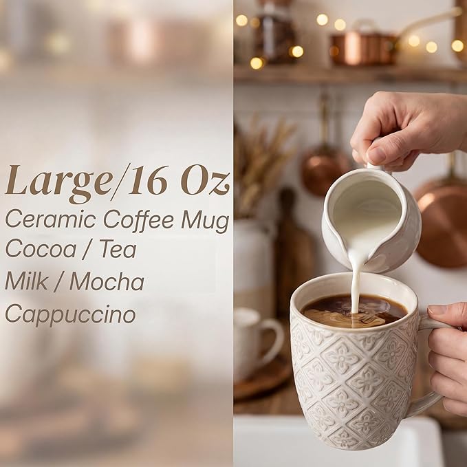 Coffee Mugs 16 Oz, Ceramic Coffee Mugs Set of 4, Large Embossment Cups for Latte, Cocoa, Tea, Mocha, Cappuccino, Dishwasher Safe, Housewarming Wedding Gifts, 3.5 x 4.5 inch, Vintage White