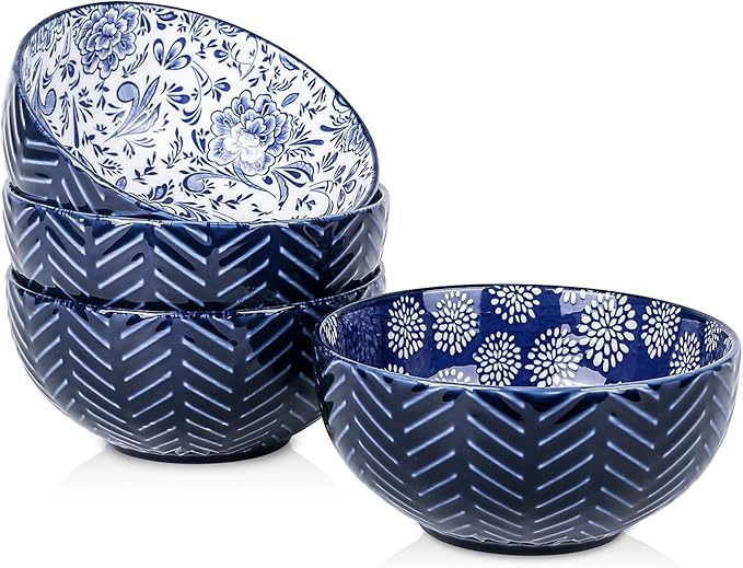 Selamica Ceramic Cereal Bowls Set 25 OZ, Embossed Soup Bowls, Dessert Bowls 5.9 Inch Ceramic Kitchen Bowls for Ramen Oatmeal Fruits, Microwave Dishwasher Safe, Set of 4, Blue