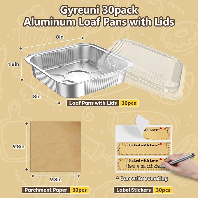 30 Pack Disposable Aluminum Foil Loaf Pans with Lids Stickers and Parchment Paper Sheets-8" X 8" Disposable Square Baking Cake Pans-Aluminum Foil Tins Portable Food Containers Kit