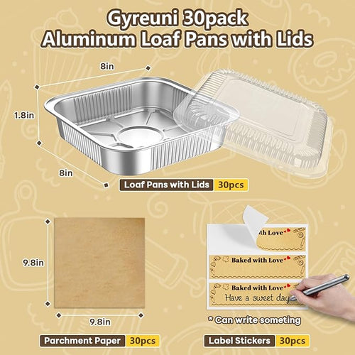 30 Pack Disposable Aluminum Foil Loaf Pans with Lids Stickers and Parchment Paper Sheets-8" X 8" Disposable Square Baking Cake Pans-Aluminum Foil Tins Portable Food Containers Kit