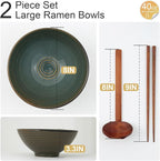 8 Inch Ceramic Ramen Bowl Set of 2, 40oz Japanese Bowls with Spoons & Chopsticks,Durable,Microwave & Dishwasher Safe,Perfect for Ramen,Pho,Salad,Soup,Noodles，Mixing bowls（Dark Teal）