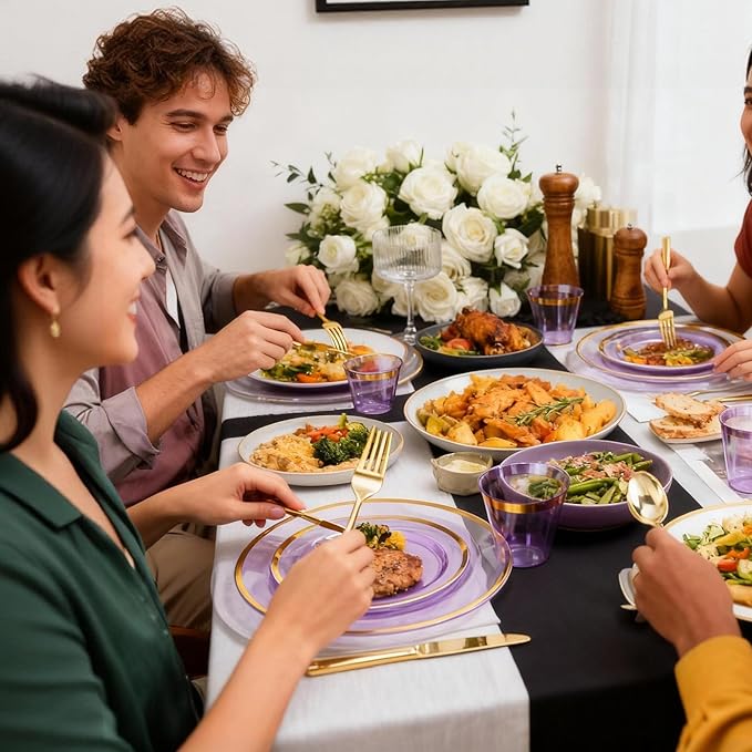 N9R 600PCS Disposable Plastic Plates, Purple Plastic Dinnerware Set Includes 100 Dinner Plates, Dessert Plate, Cups, Spoons, Forks, Knives for 100 Guests, Perfect for Party, Wedding, Birthday