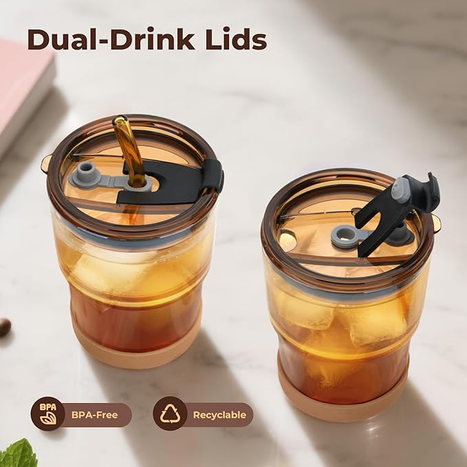 Zukro 13 oz Glass Iced Coffee Cups with Lid and Straw, Leak Proof Glass Tumbler for Ice Tea, Water, Non-Slip Silicone Bottom, Thick Wall Drinking Glasses for Home/Office, BPA Free, Amber 4 Pack