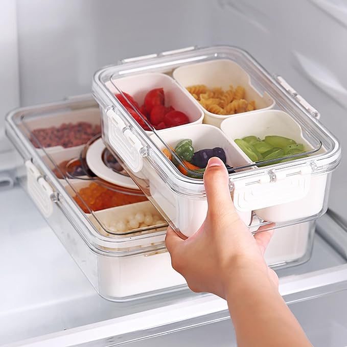 VOUKEN 2PCS Plastic Divided Serving Tray with Lid Snackle Box Charcuterie Container Portable Snack Platters Organizer for Candy, Fruits, Snacks, Nuts, for Party, Entertaining, Picnic (4 Compartment)