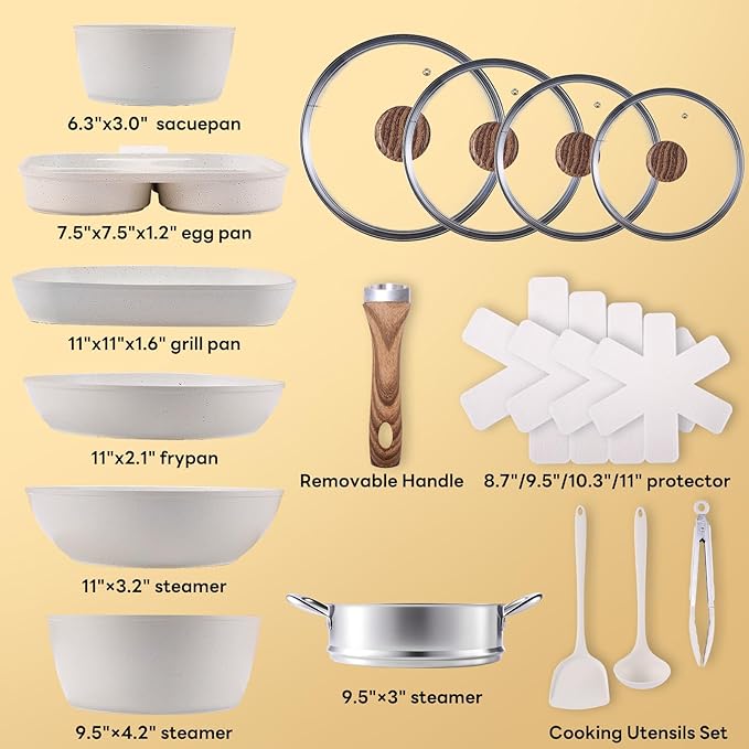NEWBULIG 17-Piece Pots and Pans Set, Nonstick Cookware Set with Detachable Stay-Cool Handle, Non toxic Induction Kitchen Cooking Set, Dishwasher ＆ Oven Safe, RV Friendly, Beige