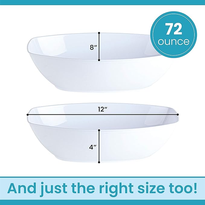 PLASTICPRO Disposable Oval Serving Bowls, Party Snack or Salad Bowl, 72-Ounce, Plastic (4, WHITE BOWLS)