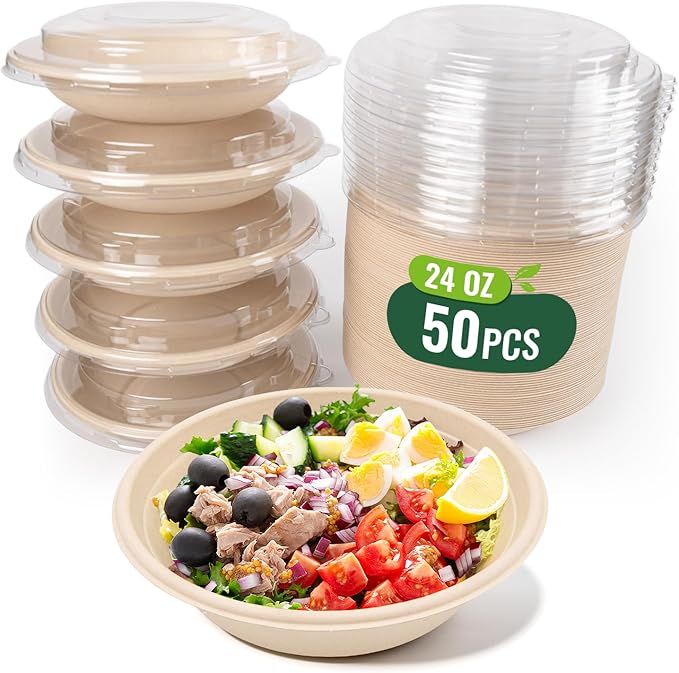 50-Pack 24oz Round Disposable Bowls with Lids - 100% Sugarcane Fiber, Paper Round Bowls for Soup, Salad, Ramen, Popcorn