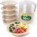 50-Pack 24oz Round Disposable Bowls with Lids - 100% Sugarcane Fiber, Paper Round Bowls for Soup, Salad, Ramen, Popcorn