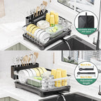 LIYI Dish Rack for Kitchen Counter,Stainless Steel Drying Rack,304 Stainless Steel with Drainage Plate,Large Capacity Utensil Storage System,Intelligent Drainage and Deflector Structure,Black