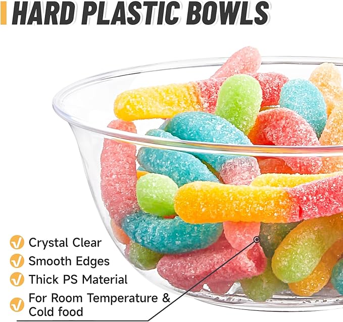 Qeirudu 10 oz Small Clear Plastic Bowls, 60 Pack Disposable Hard Plastic Party Serving Bowls for Salads, Ice Creams, Fruit, Desserts, Parfaits, Snacks