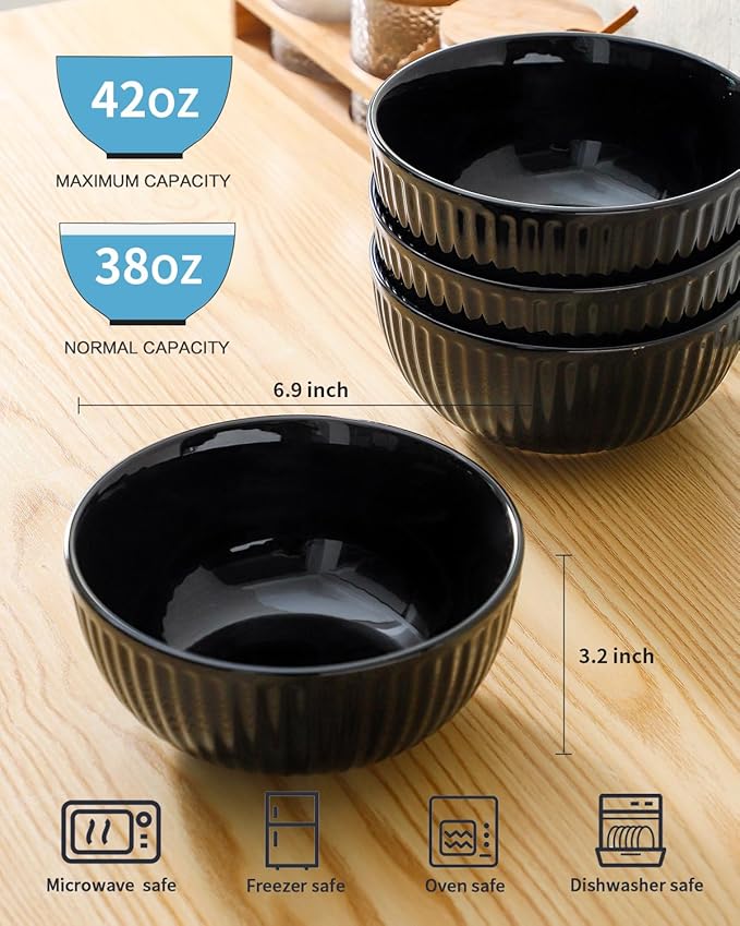 HASENSE 7 Inch Large Serving Bowls Set of 4, 42 Oz Black Ceramic Salad Bowl for Kitchen,Modern Ribbed Porcelain Dishes for Entertaining,Soup,Pho,Pasta,Cereal, Noodle - Dishwasher & Microwave Safe