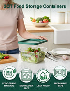4 Pack 2QT Food Storage Containers with Green Lids, Clear Square Restaurant Commercial Food Storage Containers with Handle and Scale, Marinating Container Dough Rising Bucket for Home & Dining