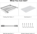 TQVAI Over Sink Dish Drainer Drying Rack, Stainless Steel Foldable Wall Mounted Dish Racks with Drainboard Hanging Rod and Sponge Holder, Silver