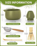 20OZ Matcha Whisk Set - 5PCS Japanese Tea Set Includes Matcha Bowl with Spout, Bamboo Whisk with Ceramic Holder, Bamboo Scoop and Sifter, Matcha Kit for Ceremony, Gift for Matcha Lovers (Matcha Green)