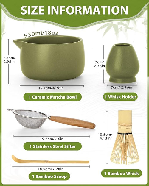 20OZ Matcha Whisk Set - 5PCS Japanese Tea Set Includes Matcha Bowl with Spout, Bamboo Whisk with Ceramic Holder, Bamboo Scoop and Sifter, Matcha Kit for Ceremony, Gift for Matcha Lovers (Matcha Green)