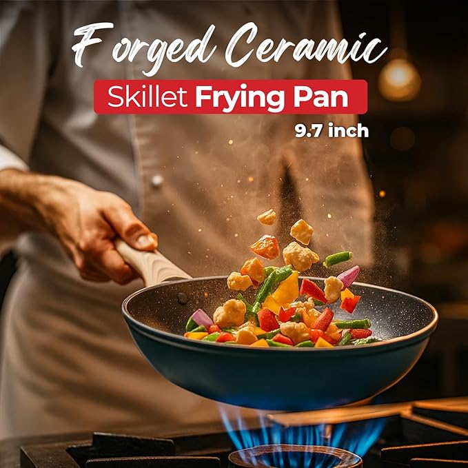SALFORD 9.7 Inch Nonstick Frying Pan - Induction Compatible Ceramic Forged Skillet for Egg Omelet & Pancakes with Bakelite Wooden Handle Chef Pans - PTFE, PFAS & PFOA Free