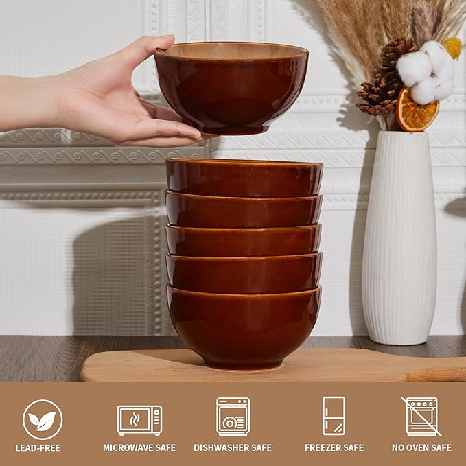 Pokini Reactive Glaze Bowls Set of 6, Microwave and Dishwasher Safe Bowls, Stoneware Soup Bowls, Kitchen Bowl Set for Cereal Soup Rice Pasta Salad Oatmeal, Brown and Yellow