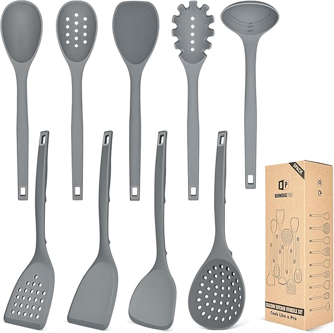Silicone Cooking Utensils Set, 9 Pcs Heat Resistant Kitchen Utensils with Back Hooks, BPA Free Kitchen Tools with Spatulas, Spoons, Skimmer and Pasta Fork for Non Stick Cookware (GRAY)