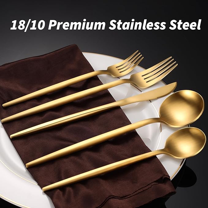 20-Piece Gold Silverware Set for 4, 18/10 Stainless Steel Flatware with Thick Spoons and Forks, Matte Golden Cutlery, Eating Kitchen Utensils for Home Restaurant Wedding, Dishwasher Safe