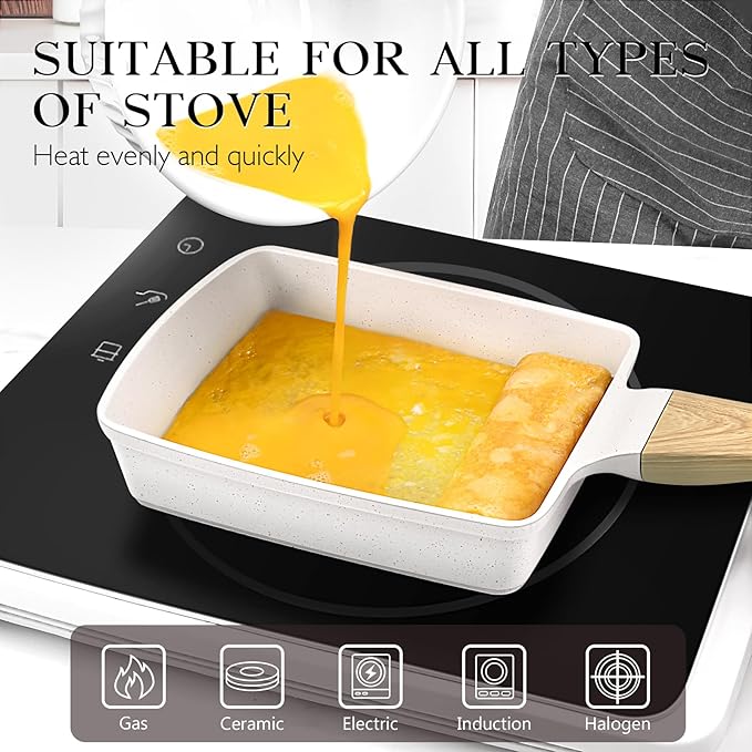 GiPP Japanese Omelette Pan, Tamagoyaki Egg Pan, Nonstick Egg Frying Pan, Rectangle Granite Cookware, PFOS & PFOA Free, White