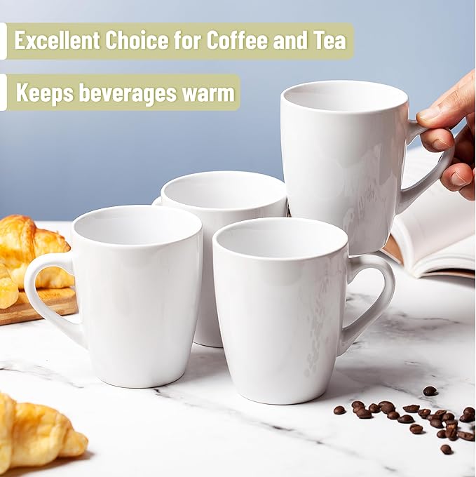 BTaT- Porcelain Coffee Mugs Set, 12 Ounces, 4 Pack, White Ceramic Coffee Mugs with Handle, Restaurant Cups for Mocha, Tea, Cappuccino, Cocoa, Cereal, Mug Gift Set, Dishwasher and Microwave Safe