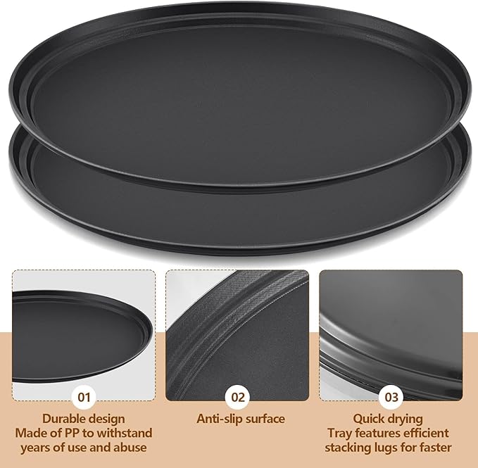 FillTouch 4 Pcs Restaurant Serving Trays PP Plastic Non Slip Rubber Lined Large Oval Tray for Kitchen Dining Room Cafeterias Fast Food Service (24 x 29 Inch,Black)