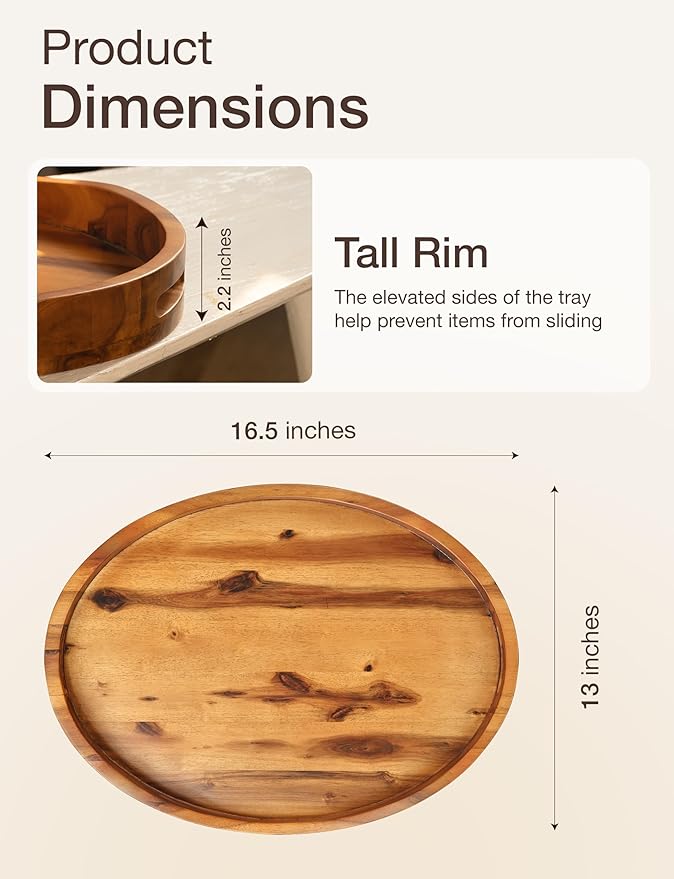 TIDITA Acacia Oval Wooden Serving Tray with Handless - 16.5" x 13" Ottoman Table Oval Wooden Tray - Round Serving Tray - Ottoman Tray for Living Room, Coffee Table Decor, Serving Platter (Acacia)