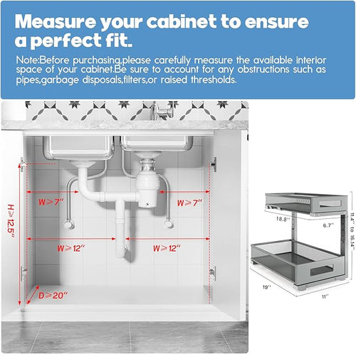 2 Pack 19IN Depth Under Sink Storage Organizer, Large 2-Tier Elegant Mesh Pull Out Shelf for Kitchen and Bathroom Cabinet Organization, L-Shaped and Adjustable Height Design-Gun Gray