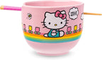 Silver Buffalo Hello Kitty Spring and Summer Flowers Rainbow Stripes Ceramic Ramen Noodle Rice Bowl with Chopsticks, Microwave Safe, 20 Ounces