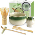 JBER Matcha Whisk Set, Ceramic Matcha Set Includes Bowl, Matcha Whisk (Chasen) and Holder, Sifter, Bamboo Scoop, Spoon & Rest - 7 Pcs Matcha Kit Set for Matcha Lovers & Beginners, Gradient Green