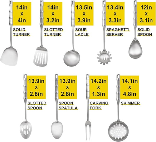 18/10 Stainless Steel Cooking Utensils Set,9pcs Metal Kitchen Utensil Sets 14 inch Long Heavy Duty Kitchen Tools Dishwasher Safe, Include Soup Ladle, Slotted Skimmer Spoon, Spaghetti
