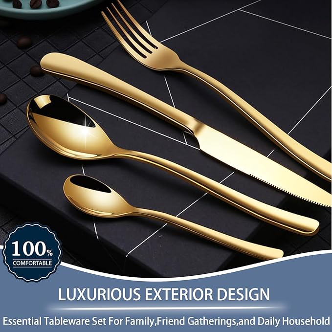 24 Pieces Flatware Set, Stainless Steel Cutlery Set with Silverware Holder, Spoons Forks Knives Set,Hanging Silverware Set Service for 6,Dishwasher Safe (Gold)