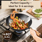 Carbon Steel Wok with Lid, 12.6" Flat Bottom Stir Fry Pan, Rolled Edge Spun Steel Wok, Coating-Free Wok for Induction, Gas & Electric Cooktops