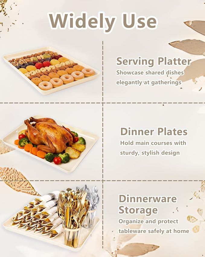 YOUBET 8 PCS Plastic Serving Trays - Ivory Wheat Straw Trays for Serving Food - Super Strong Disposable Platters, Heavy Duty Plastic Trays for BBQ, Picnic, Party, Wedding