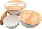 ECOWAY Salad Bowls Set of 3 with Lid & Serving Utensils, Bamboo Fiber Mixing Bowls Set Large Serving Bowls & Storage Set with Bamboo Lid for Salad, Kitchen Eating, Pasta, Popcorn, Chips, Fruit, White