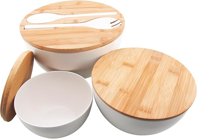 ECOWAY Salad Bowls Set of 3 with Lid & Serving Utensils, Bamboo Fiber Mixing Bowls Set Large Serving Bowls & Storage Set with Bamboo Lid for Salad, Kitchen Eating, Pasta, Popcorn, Chips, Fruit, White